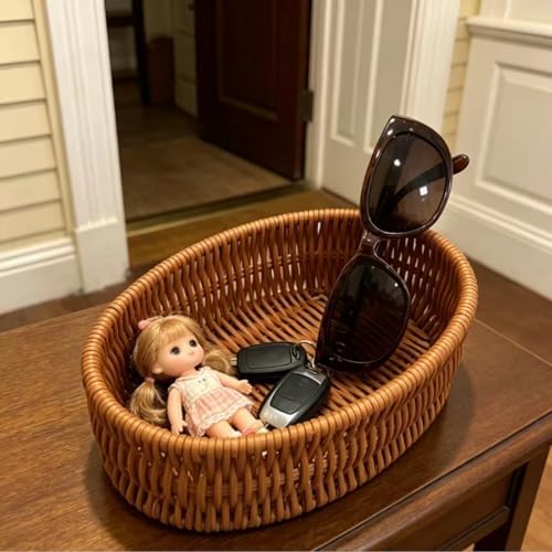 Handwoven Rattan Oval Basket, Multi-Purpose Storage Basket for Kitchen Countertop, Small Item Basket, Decorative Organizer for Snacks, Toiletries(1PC,Brown, Small) - Image 5
