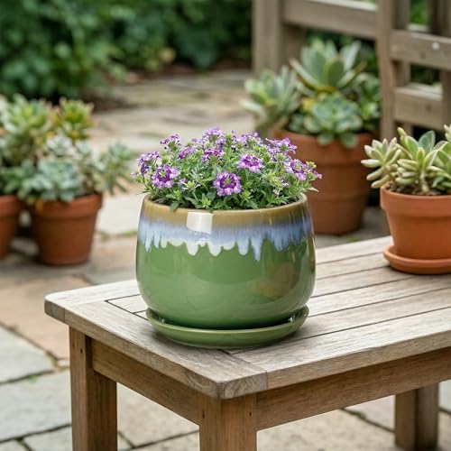 Ceramic Planter 6 Inch - Ceramic Pots for Plants with Drainage and Saucer, Decorative Small Succulent Pots for Indoor Plants, Round Plant Pot, House Decor, House Warming Gifts, Green-Blue - Image 4