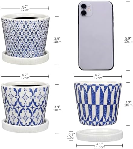 Small Ceramic Pots for Plants, 4.7 inch Blue and White Plant Pot Indoor with Drainage & Saucer Set of 3 Ceramic Planters for Indoor Plants Succulent Pot Decorative Flower Pots for Cactus, Orchid, Herb - Image 3