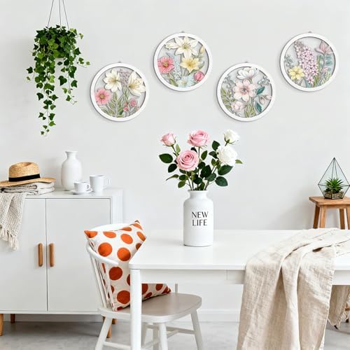 HPNIUB Boho Flower Wall Decor, Abstract Floral Market Wooden Wall Hanging Sign, 4 Pieces 10''x10'' Colorful Plant Wall Art, Minimalist Wildflower Botanical Wood Plaue for Girls Bedroom Living Room - Image 5