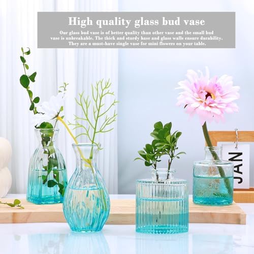 Glass Bud Vases Set of 4, Small Blue Flower Vases for Wedding Centerpieces - Image 4