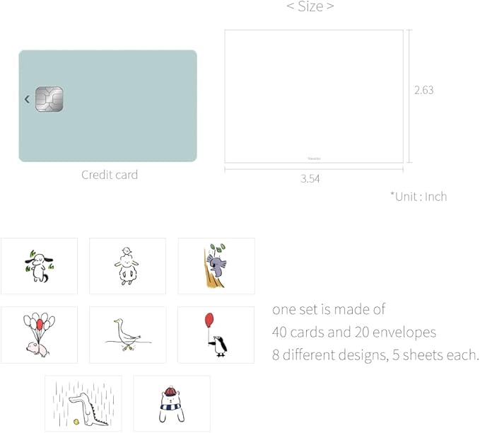 Monolike Message Buddy Card - Mix 40 Mini Single cards, 20 envelopes Package
