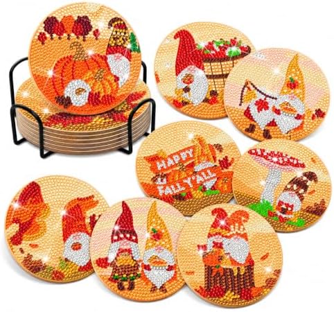 Demonwer 8 Pieces Fall Gnome Diamond Coasters with Holder DIY Cute Fall Gnome Diamond Art Coasters 5d Autumn Gnome Diamond Coasters for Beginners Adults for Fall Thanksgiving Day Gift by Demonwer