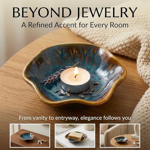 Vintage-Inspired Ceramic Jewelry Dish – Handcrafted Floral Trinket Trays in Luxe Glazed Porcelain | Antique-Style Ring Holders for Vanity & Dresser Décor (1, Kiln transformed lotus, peacock green) - Image 5