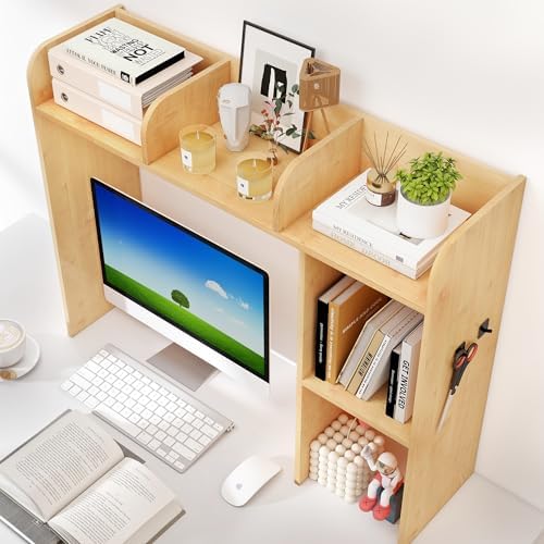 COCO DESIGN Wood Desk Shelf, Desktop Organizer with Multi-Tier Storage, Desk Hutch for Computer Monitor, Desktop Bookshelf Storage Rack for Home Office Desk Organization Desk Table with Shelves - Image 7