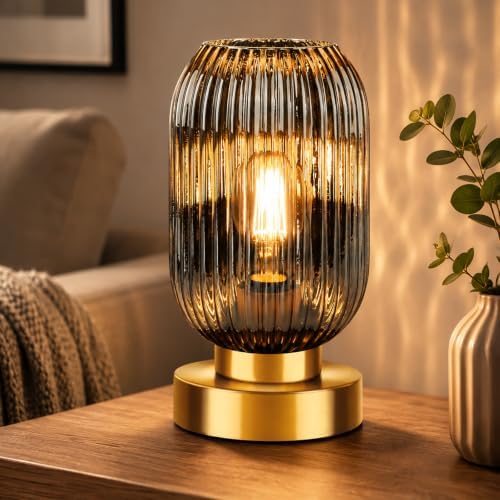 Mid Century Modern Table Lamp with Smoke Grey Ribbed Glass Shade, Touch Control & 3 Way Dimmable, Small Gold, Vintage Bedside Lamp for Bedroom, Living Room, Office (Bulb Included) by LEDIKON