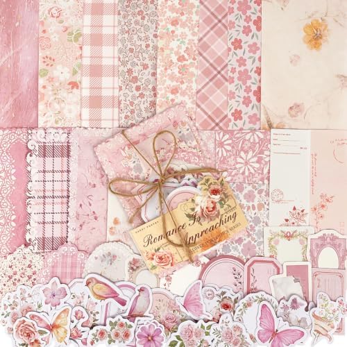 ZUFECY Pink Scrapbook Paper Kit, 100 Pieces, Vintage Floral Theme, for Junk Journal, Card Making, Planner Decor and DIY Crafts by ZUFECY