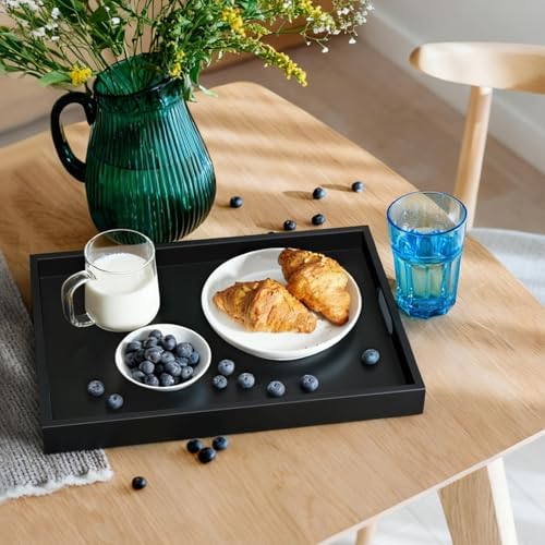 17 Inch Wood Serving Tray with Handles - Large Wooden Tray for Ottoman, Breakfast in Bed, Dinner, Coffee Table - Black Rectangular Tray for Living Room Bedroom Entryway and Kitchen - Image 3