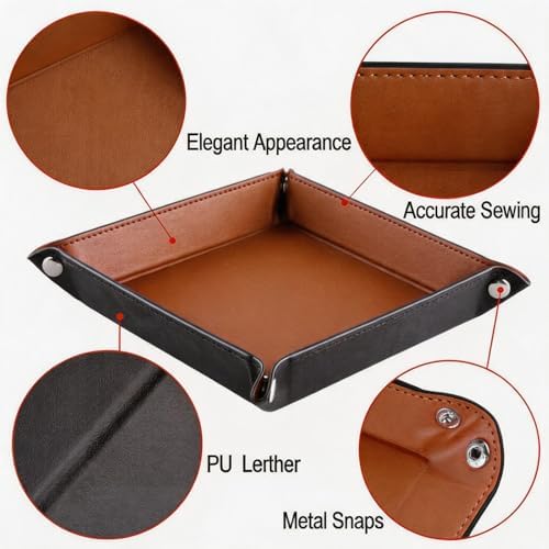 Valet Tray Desktop Storage Organizer – Vegan Leather Catchall Tray Bedside Vanity Tray Nightstand Caddy Holder for Remote Controller, Watch, Keys, Phone, Wallet, Coin, Jewelry, Brown - Image 5