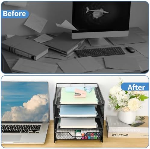 OPNICE Desk Organizer, 4-Tier Desktop File Organizer with Drawer, Office Desk Accessories, File Sorters, Workspace Organizers for Office Supplies(Black Upgraded) - Image 4