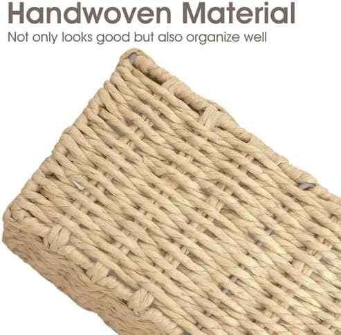 Paper Rope Storage Baskets for Shelves Organizing, Small Hand Woven Wicker Organizer Basket with Handle for Bathroom Toilet Paper Storage, Beige, 3-Pack - Image 4