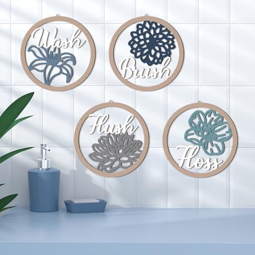 HPNIUB Farmhouse Bathroom Wall Decor, Blooming Floral Wall Art, 4 Pieces 10''x10'' Wash Brush Floss Flush Rustic Wood Plaque, Funny Bathroom Quote Wooden Sign for Home Spa Bathroom Laundry Washroom - Image 7