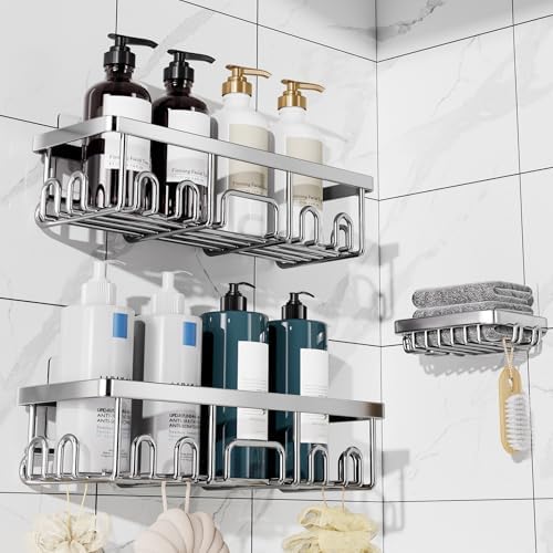 Veken Shower Caddy 3-Pack, Advanced Rustproof Design, No Drilling Adhesive Shelves, Rack with Soap Holder, Large Capacity Bathroom Organizers and Storage, Wall-Mounted Kitchen & Home Decor by Veken