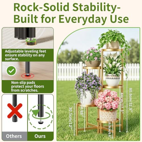 Tall Gold Plant Stand Indoor Outdoor, Corner Metal Flower Pot Stands for Multiple Plants, 5 Tiered Heavy Duty Plant Shelf for Patio Garden Balcony Living Room Bedroom - GoldDisk - Image 3