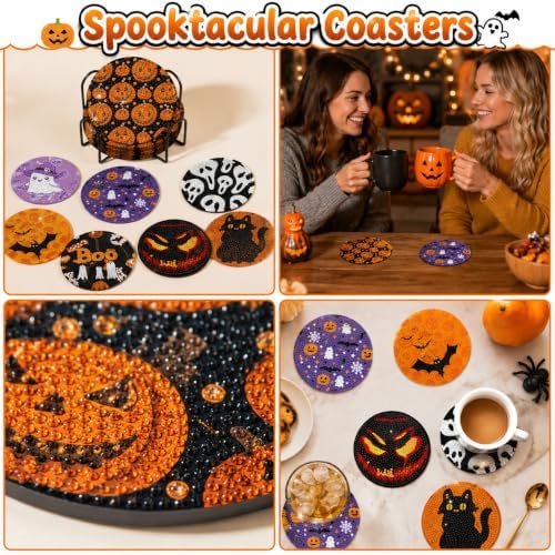 8 Pack Halloween Diamond Art Painting Coasters with Display Holder DIY Kit - Image 6