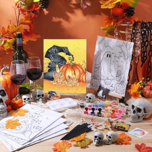 Dinifee 6 Pack Pre Drawn Canvas for Painting Pre Printed Canvas Kit 8 x 10 Inch Stretched Cotton Paint and Sip Set for Adults Couple Party Graduation Summer Date Night(Halloween) - Image 2