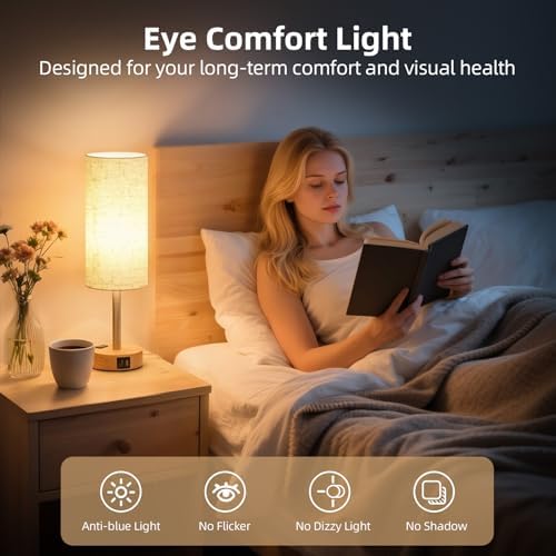2PCS Table Lamp for Bedroom, Dimmable Touch, AC Outlet, USB A+C - Image 5