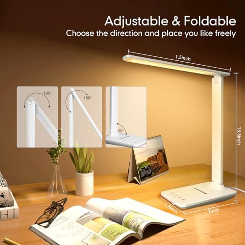 White crown LED Desk Lamp with 15W Wireless Charger & USB Port, Dimmable Table Lamp with 5 Lighting Modes, Sensitive Touch Control, Foldable & Portable Desk Light for Home, Office, Bedroom, Reading - Image 7