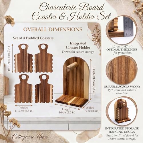 Scalloped Acacia Wood Coasters Set of 4 with Holder, Decorative Wooden Drink Coasters for Coffee Table, Farmhouse Cottagecore Kitchen Decor, Housewarming Gift - Image 3