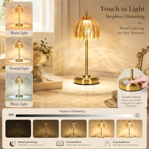 NewAoNaSen Glass Tulip Table Lamp, Cordless Rechargeable Table Light -Amber - Image 3