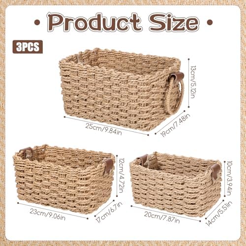 3 Pcs Small Wicker Basket for Organizing Paper Rope Storage Baskets with Handle Handwoven Storage Basket for Shelves Bathroom Cupboards Drawer Organizing and Home Decor - Image 2