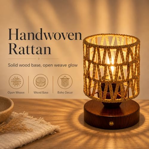 Cordless Operated Rattan Lamp, 5000mAh Rechargeable Dimmable Handwoven Open Weave Drum Table Lamp with Edison Bulb, Boho Nightstand Light for Bedroom Home Decor - Image 5