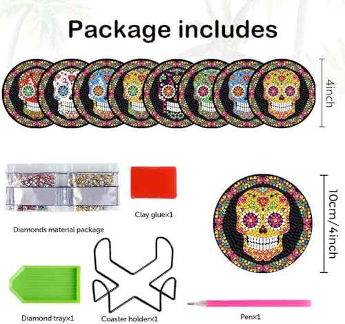 8Pcs Halloween Skull Diamond Coaster with Holder DIY Day of The Dead Art Painting Coaster for Beginners - Image 2