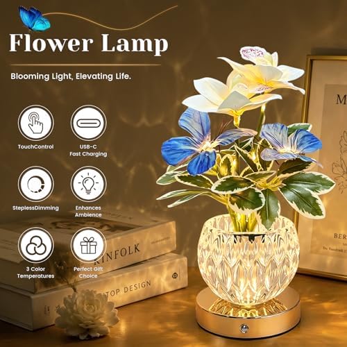 Flower Table Lamp, 3 Colors Touch Stepless Dimming Orchid Night Light, Rechargeable Artificial Flower Light, LED Flower with Vase Lamp Romantic Decor for Date Party Home (White - Cymbidium) - Image 6