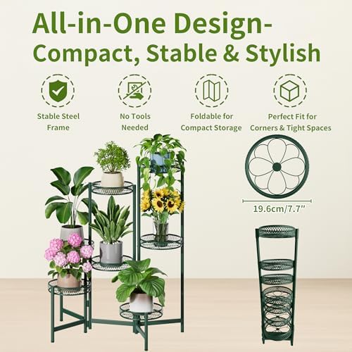 7 Tier Metal Corner Plant Stand Indoor Outdoor, Folding Tall Plant Rack, Heavy Duty Wrought Iron Flower Pot Stand, Planter Display Rack for Living Room Balcony Garden Patio - GreenFlower - Image 5