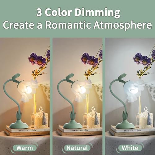 Women Bedside Table Lamps for Bedroom, Cute Flower Desk Lamp With Adjustable Flexible Gooseneck, 3 Color Temperatures Nightstand Lamp with E26 LED Bulbs, Floral Lamp for Living Room, Office ,Reading - Image 2