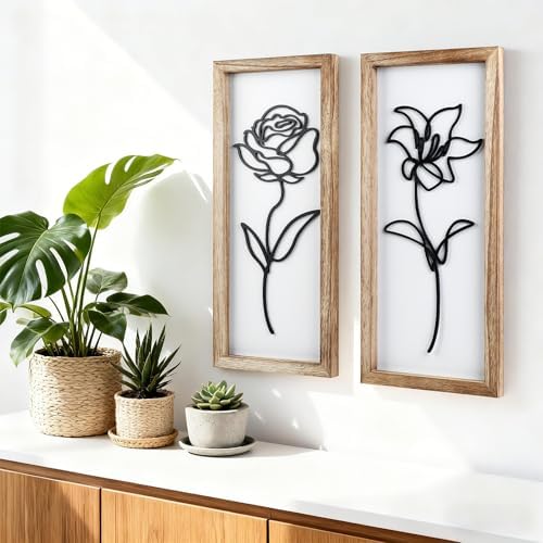 DETENE 2 Pack Black and White Wall Art 3D Vintage Wooden Floral Wall Decor - Image 7