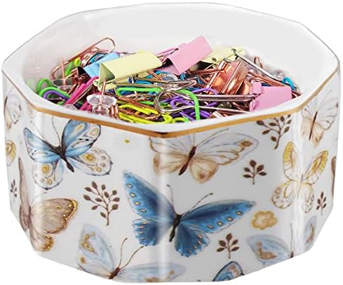 Ceramic Paper Clip Holder Gold Line Paper Clip Dispenser Organizer for Desk Cute Floral Butterfly Pattern Office Binder Clip Holder Bobby Pin and Hair Clip Holder Gift for Office Butterfly by LEAZUL