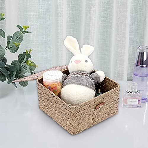 Hipiwe Small Wicker Shelf Baskets Handwoven Seagrass Storage Bin with Lid - Image 6