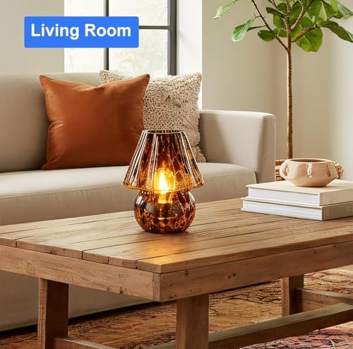 AFORTLO Battery Powered Mushroom Table Lamp with Timmer,Cordless Small Atmosphere Glass Table Lamp,Portable Decovative NightLight for Corner/Entryway/Stairway/Bathroom/Fireplace (Black Flower) - Image 3