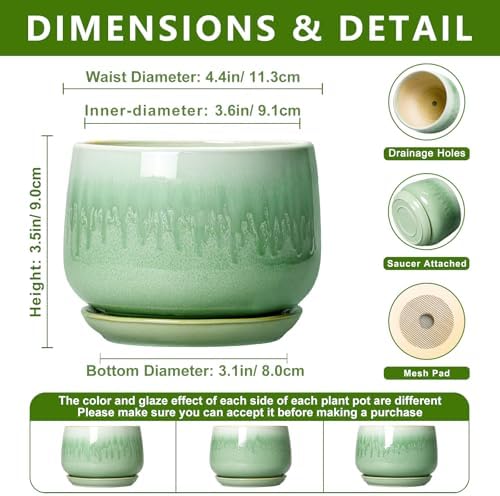 Ceramic Plant Pots - 4 Inch Pots for Plants with Drainage Hole and Saucer, Small Succulent Pot for Indoor Plants, Round Ceramic Planter, Home Office Decor, House Warming Gifts, Green - Image 2