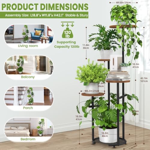 TOSKING 5-Tier Round Wood Corner Plant Stand Indoor, Anti-Tip, Brown&Black - Image 4