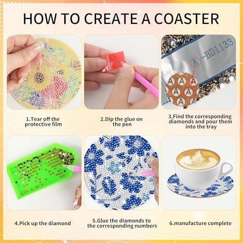 Blue Floral Chinoiserie Diamond Art Coasters, Diamond Painting Coaster Kit - Image 3