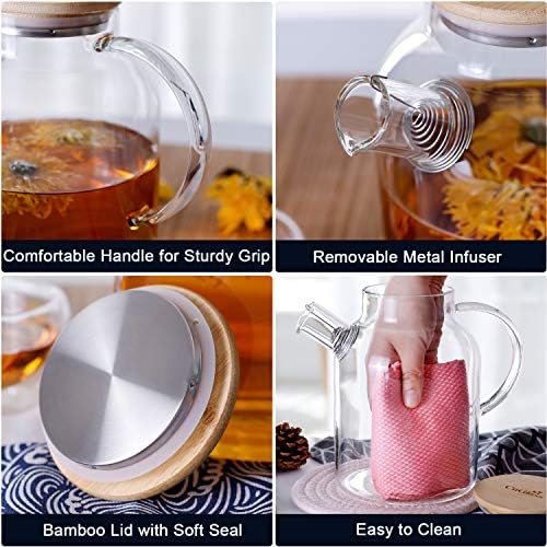 CnGlass Glass Teapot Stovetop Safe,50.7oz Clear Glass Pitcher with Removable Filter Spout for Loose Leaf and Blooming Teabag - Image 4
