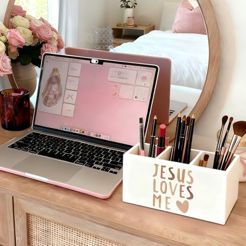 Boho Christian Inspirational Pen Holder, Christian Gifts Pencil Holder for Desk, Jesus Loves Me Bible Verse Wooden Box Sign Decorations for Kids Nursery Room Bedroom Classroom Desk Tabletop - Image 5
