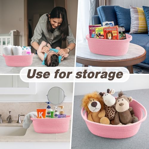 Pro Goleem Small Woven Basket with Gift Bags and Ribbons Durable Baskets for Gifts Empty Small Rope Basket for Storage 12"X 8" X 5" Baby Toy Basket with Handles, Pink - Image 5