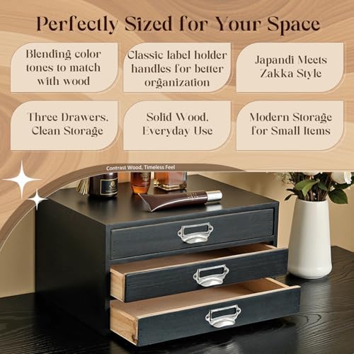 Stackable Modular Desktop Drawer Organizer, Solid Wood 3-Drawer Storage Unit with Label Pull Handles, Matte Black Japandi Style, Expandable by Adding More Units for Clutter-Free Spaces - Image 4