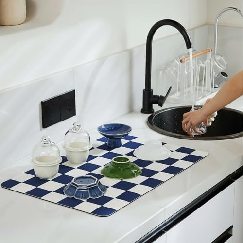 Ohocut Checkered Dish Drying Mat for Kitchen Counter, Coffee Bar Station Accessories, Retro Cute Aesthetic Modern Absorbent Drainer Mat Kitchen Drying Mat Easy Clean (Navy Blue, 24" x 16") - Image 2
