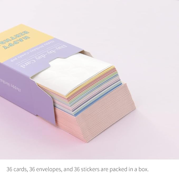 Monolike Day-by-day Card, Happy birthday-Candy pop - Mix 36 Mini Single cards, 36 envelopes, 36 stickers Package