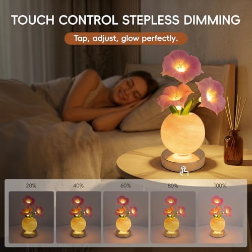 Pink Morning Glory Lamp – Rechargeable Wireless Touch-Control Dimmable Faux Flower Desk Light, LED Glass Planet Vase Night Light, Kitchen Bedroom Office Decor, Housewarming Gift Women and Mom - Image 3