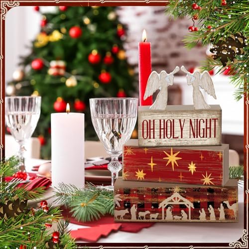 Moucuny 4 Pcs Christmas Table Decor, Oh Holy Night Wooden Sign - Image 3