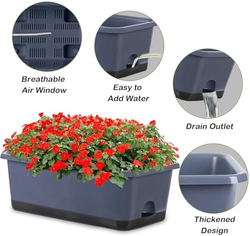 Oliz Window Box Planter 8 Pcs, 17 Inches Rectangle Flower Pots with Drainage Holes and Trays, Vegetable Planters for Windowsill Patio Garden Balcony Home Porch Yard Indoor Outdoor (Grey) - Image 2