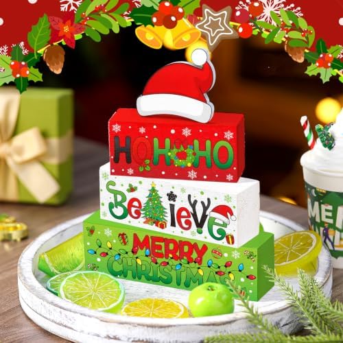 Moucuny 3 Pcs Christmas Wooden Stacking Blocks Farmhouse Table Decor - Image 5