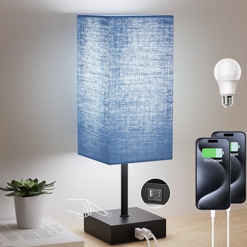 Bedside Table Lamp for Bedroom with 2USB Ports, 14-Inch, NavyBlue by Sailstar