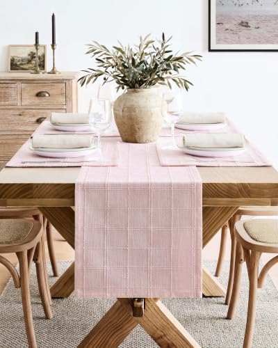 ZeeMart Linen Checked Farmhouse Table Runner, 13x72 Inches Pink - Image 2