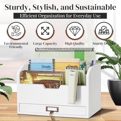 Flexzion Wood Desk Organizer, 3-Tier Mail Organizer with Drawer, Beige Wood - Image 3